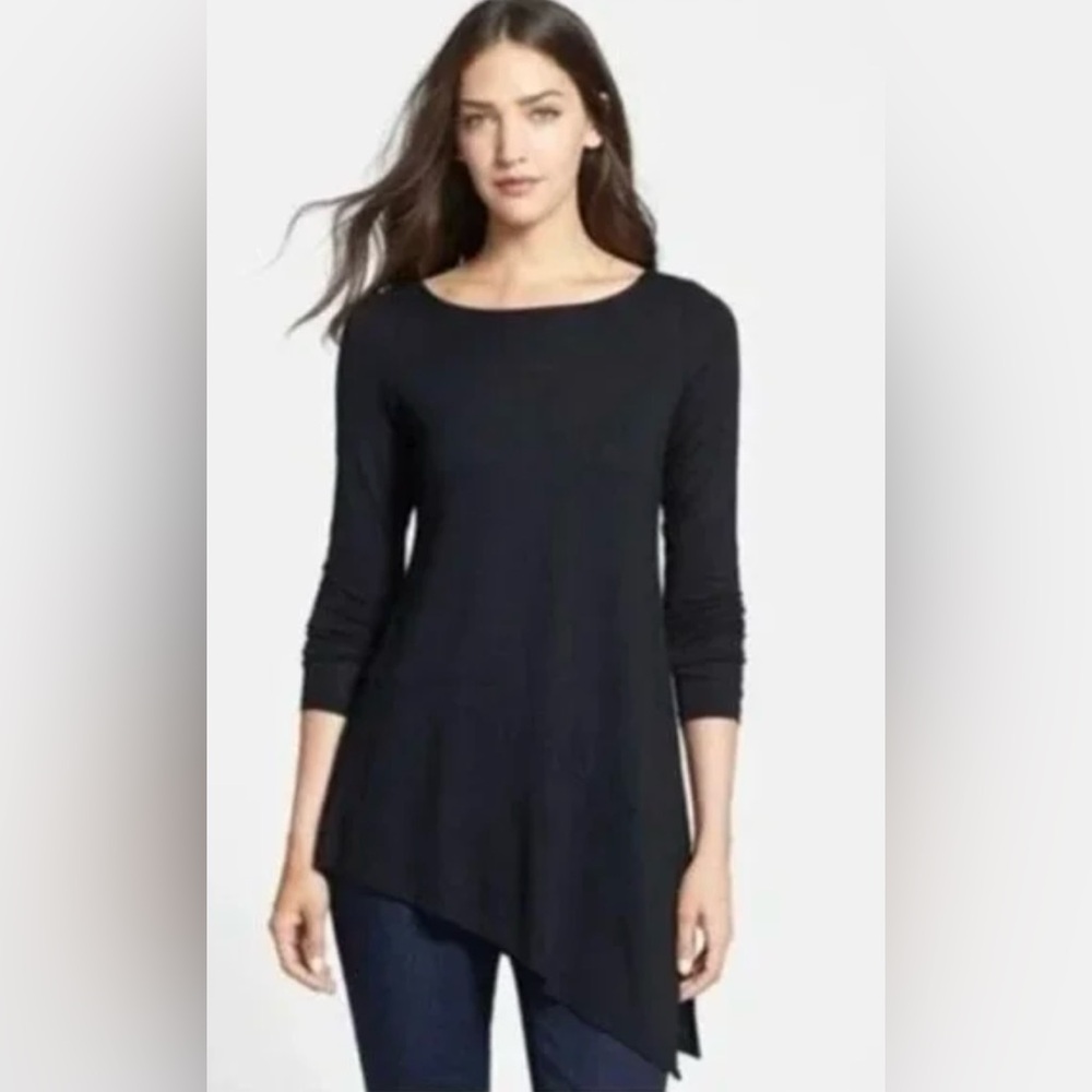Eileen Fisher Long Sleeve Scoop Neck Asymmetric Hem Tunic Black Size XL